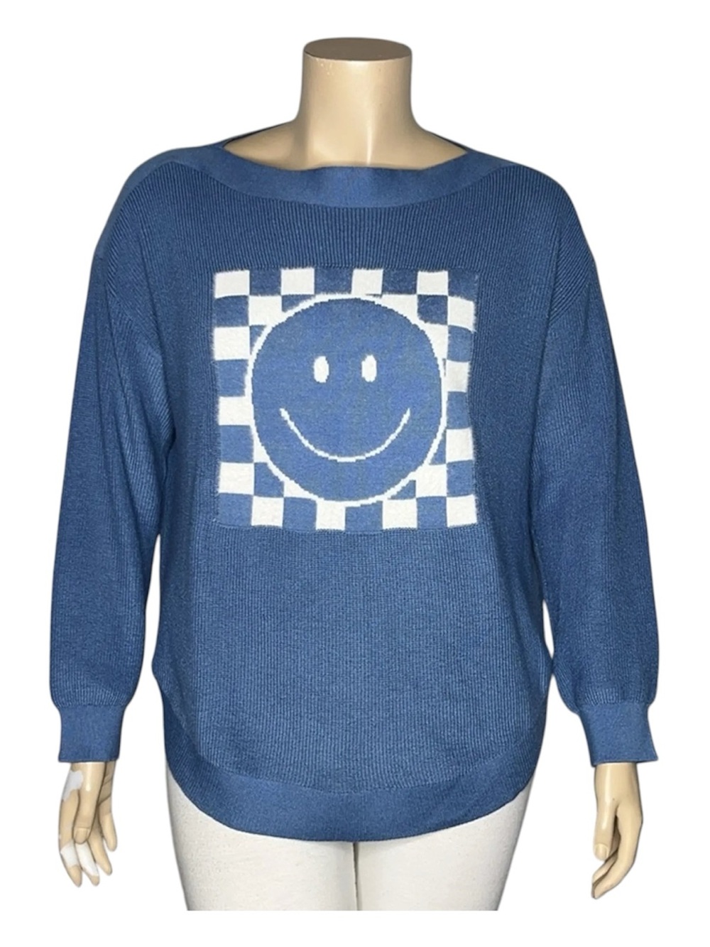 LuLaRoe Blue and White Smiley Checker Knit Sweater, Suze M